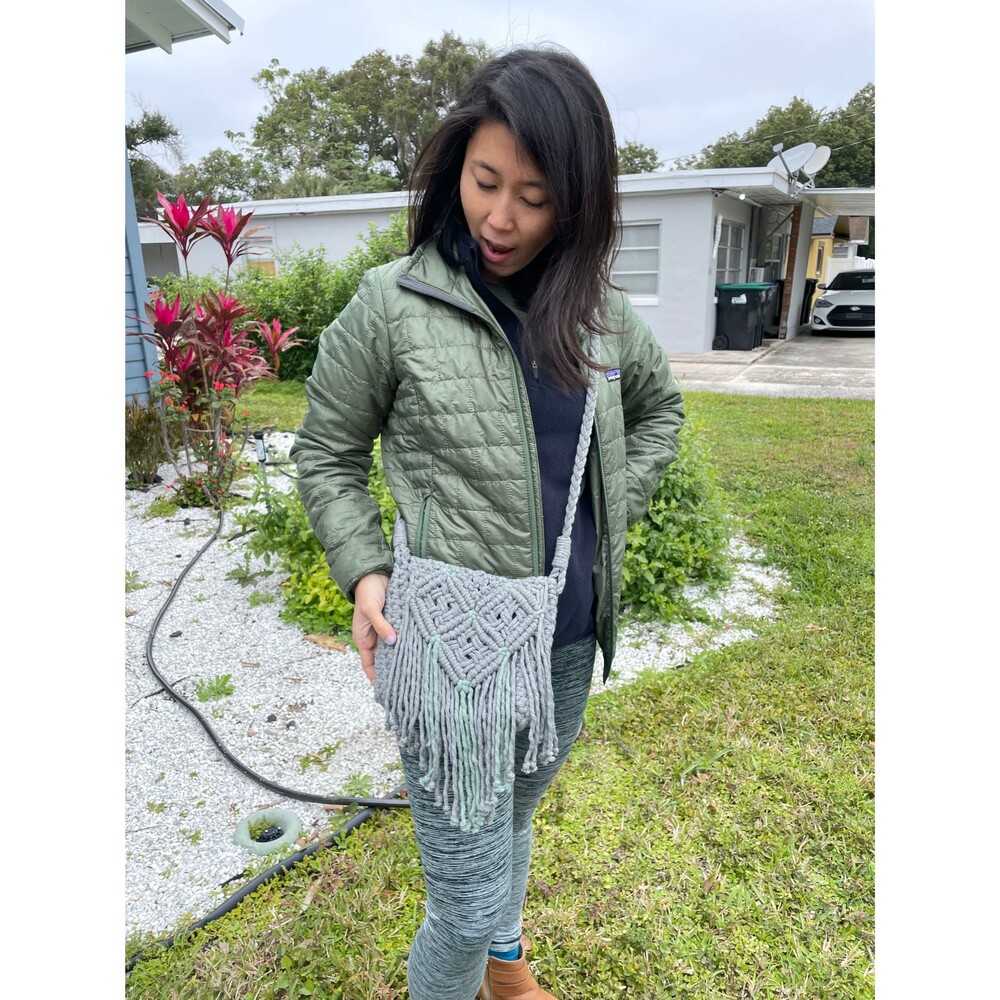 Macrame and crochet crossbody fringe bag Grey and Blue